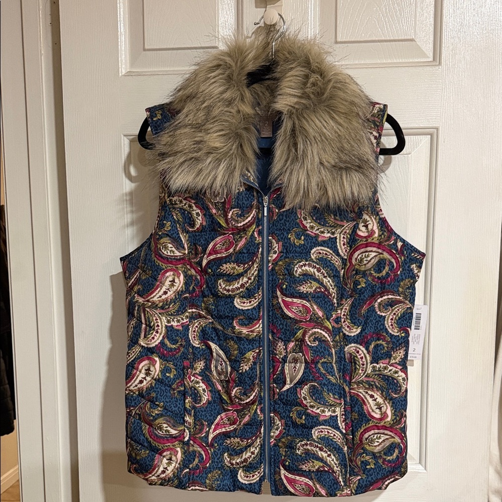 Chico's Multicolor Paisley Vest with Faux Fur Collar